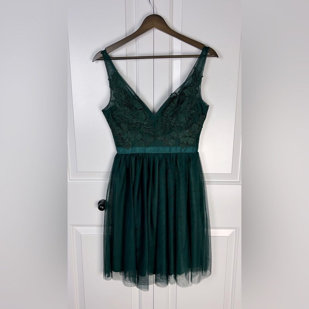 Green Tulle Mini Dress With Embroidered Flowers